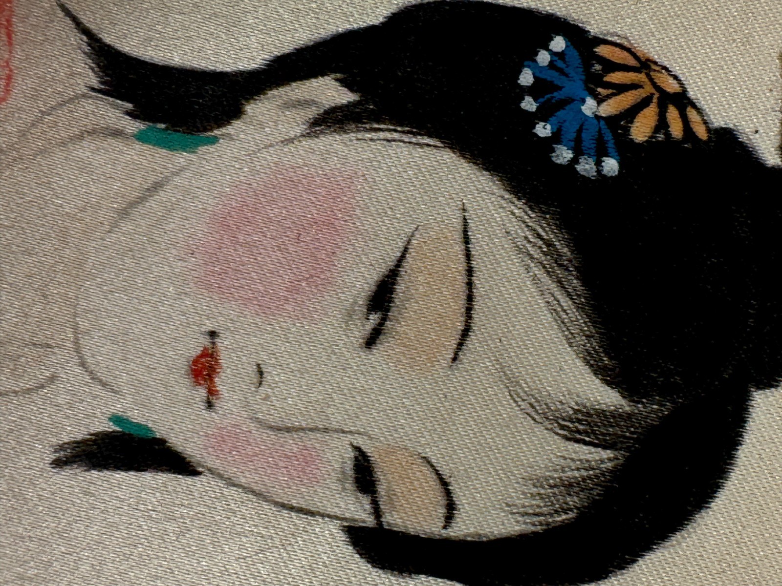 JAPANESE ASIAN CHINESE SILK GREEN WALLET SIGNED OVAL BOX PAINTING GEISHA WOMAN