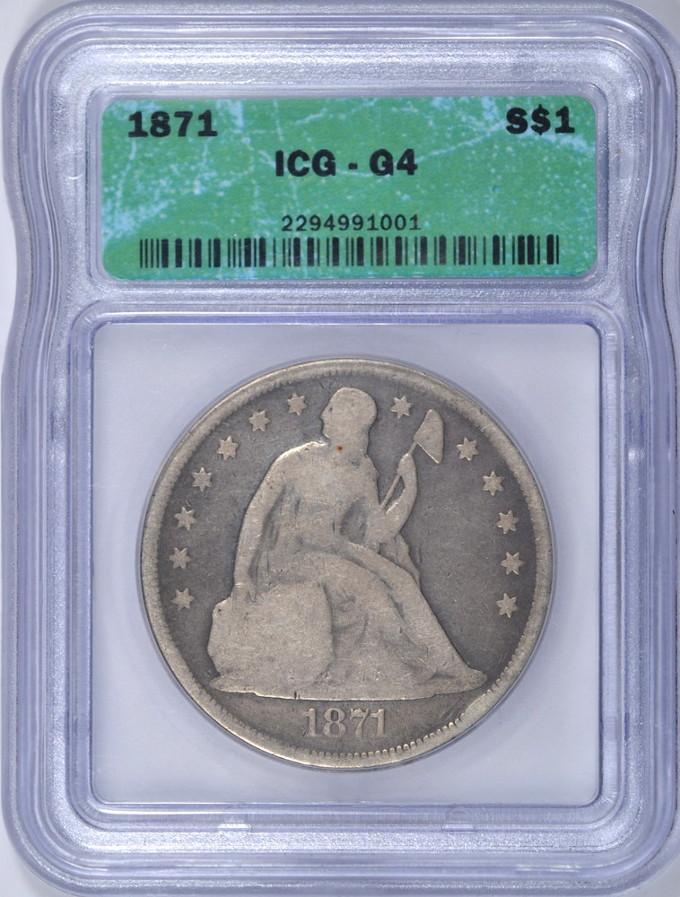 1871 SEATED LIBERTY SILVER DOLLAR ICG G4 SOLID TYPE COIN