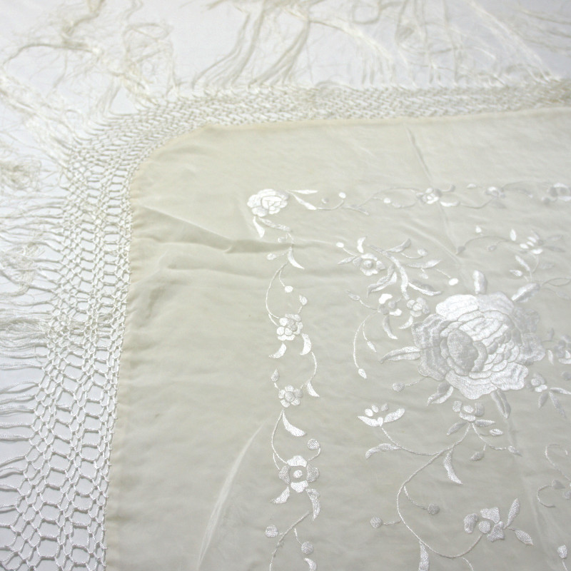 Antique Silk Shawl Wrap Piano Scarf HAND EMBROIDERED FLORAL WITH FRINGE.