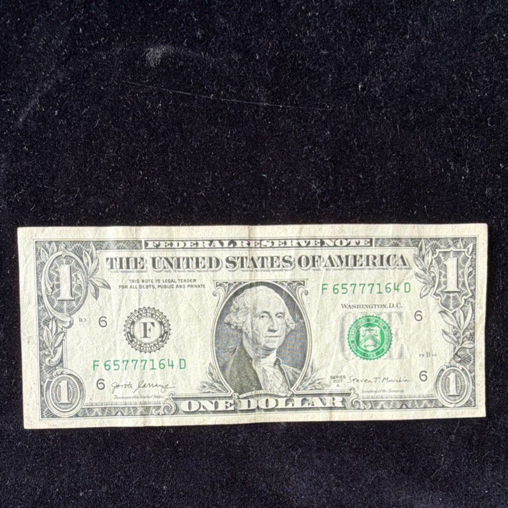 $1 US Dollar Bill Error Note F65777164D Missing Face Detail Circula