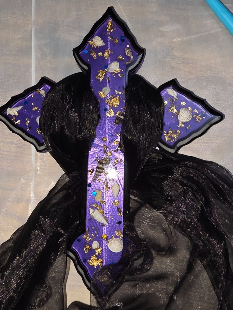 Handmade Cross Wall Decor 9x6+ GITD Goldflake & Seashells Authentic Gift W/Drape