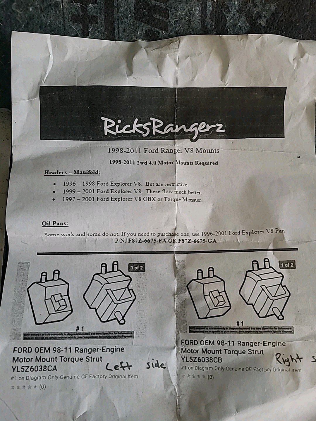 Ricks Rangerz 98-11 Ford Ranger V8 Motor Mounts Plate Mount Kit. 2wd Free Ship