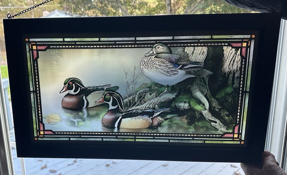 Hand Painted 13”X23”Hanging Window Panel w 3 Mallards BEAUTIFUL!