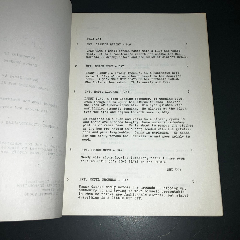 GREASE (15/12/77) 3rd Draft Script Travolta/Newton-John Paramount Prod Cvrs+COA