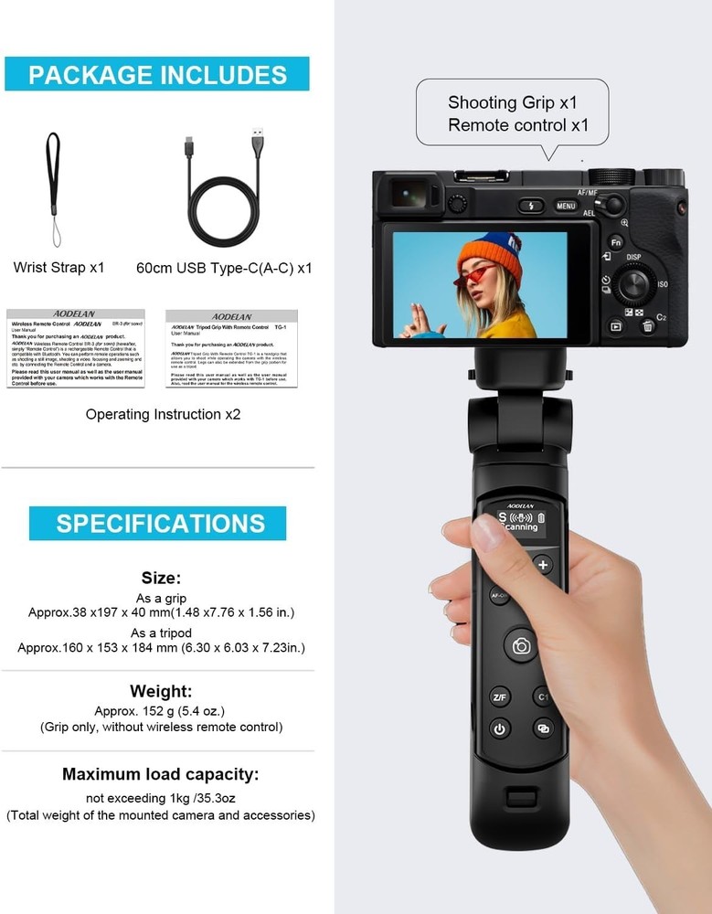 AODELAN Wireless Shooting Grip Tripod with Remote Control for SONY Cameras OLED