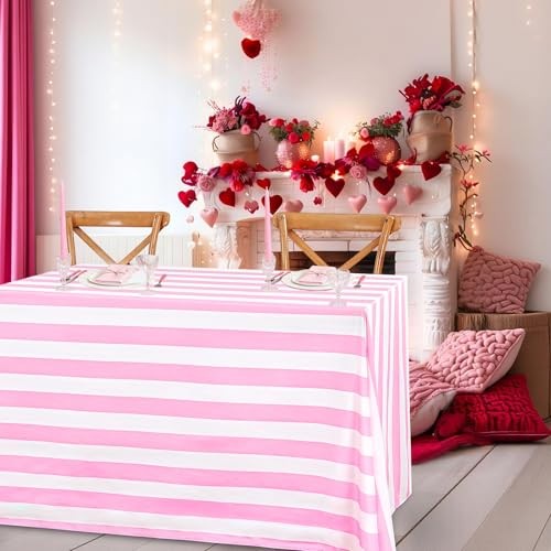 Striped Tablecloth 57 x 84 Inch 57" x 84" (Rectangular) Pink and White