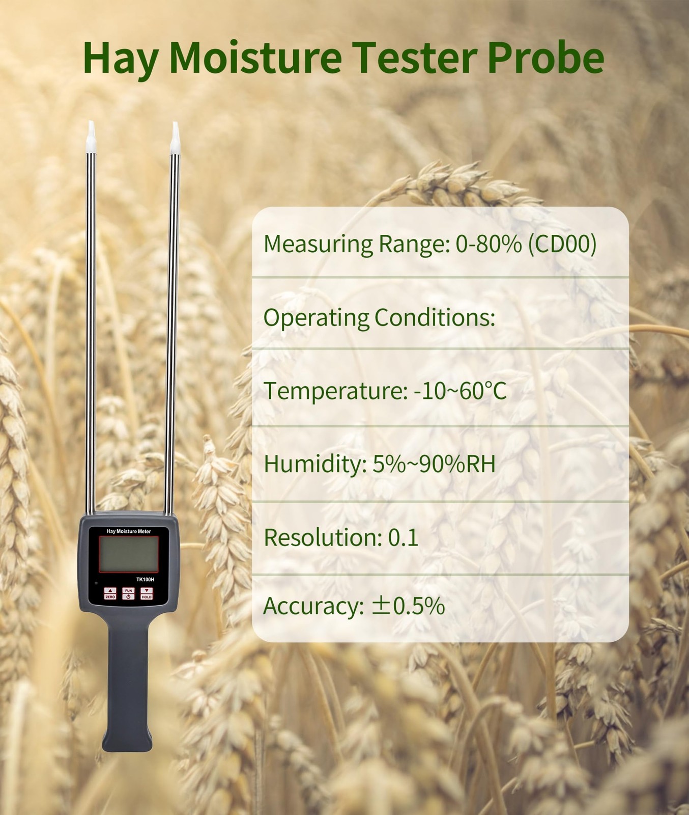TK100H Portable Hay Meter, Hay Tester with Probe, Fast Measurements, for Cere...