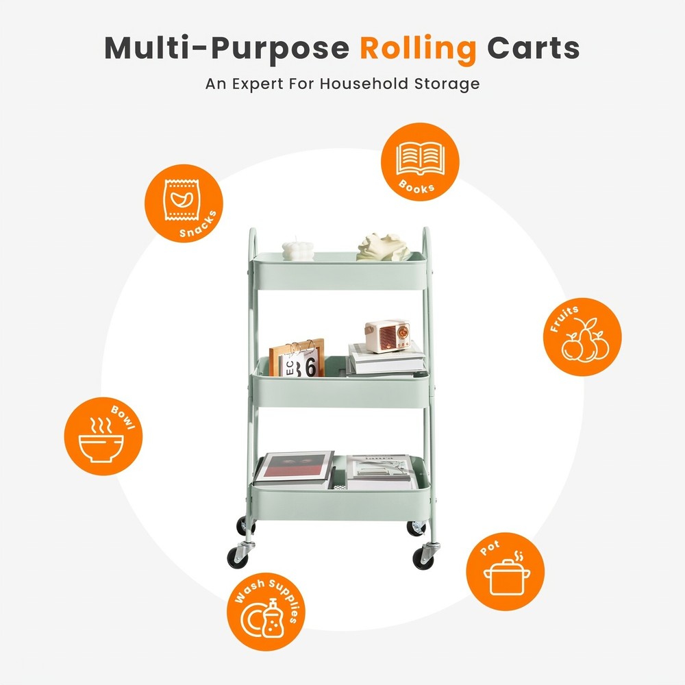 3-Tier Rolling Kitchen Cart, Metal Frame with Plastic Wheels, Space-Saving