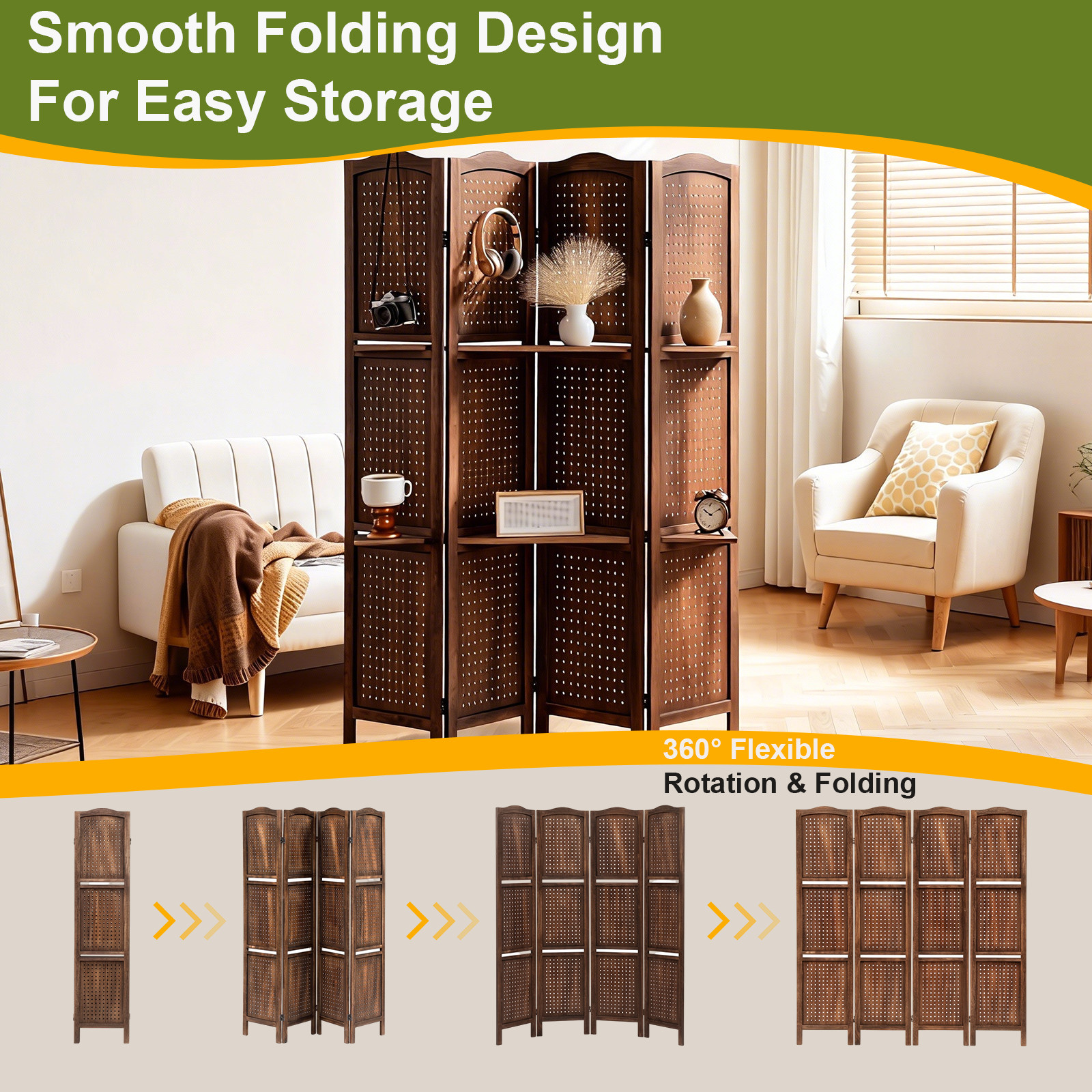 67" H Wood Room Dividers 4 Panel Pegboard Display Folding Privacy Screens Brown