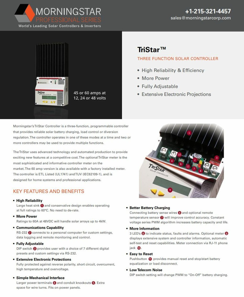 Morningstar TS-60M Solar Charge Controller 60A with TS-M-2 Meter