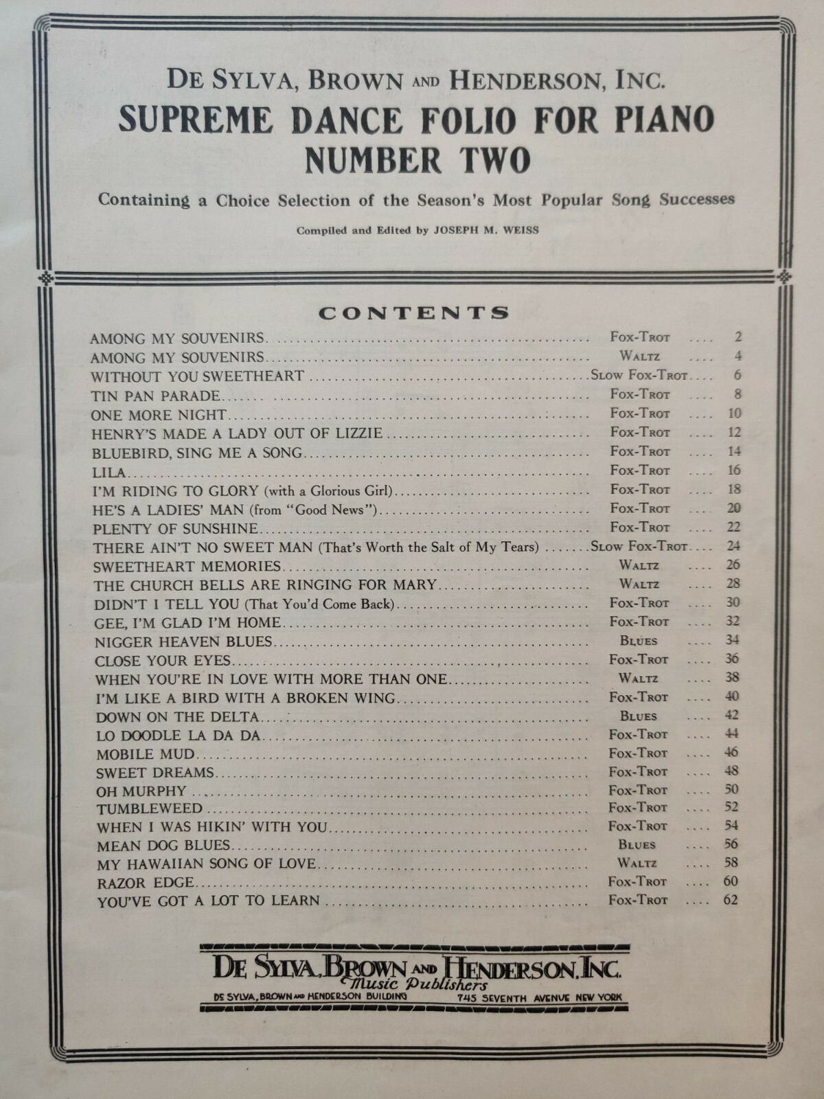 1927 Supreme Dance Folio for Piano No 2 Ukulele Arrangement Sheet Music Vintage