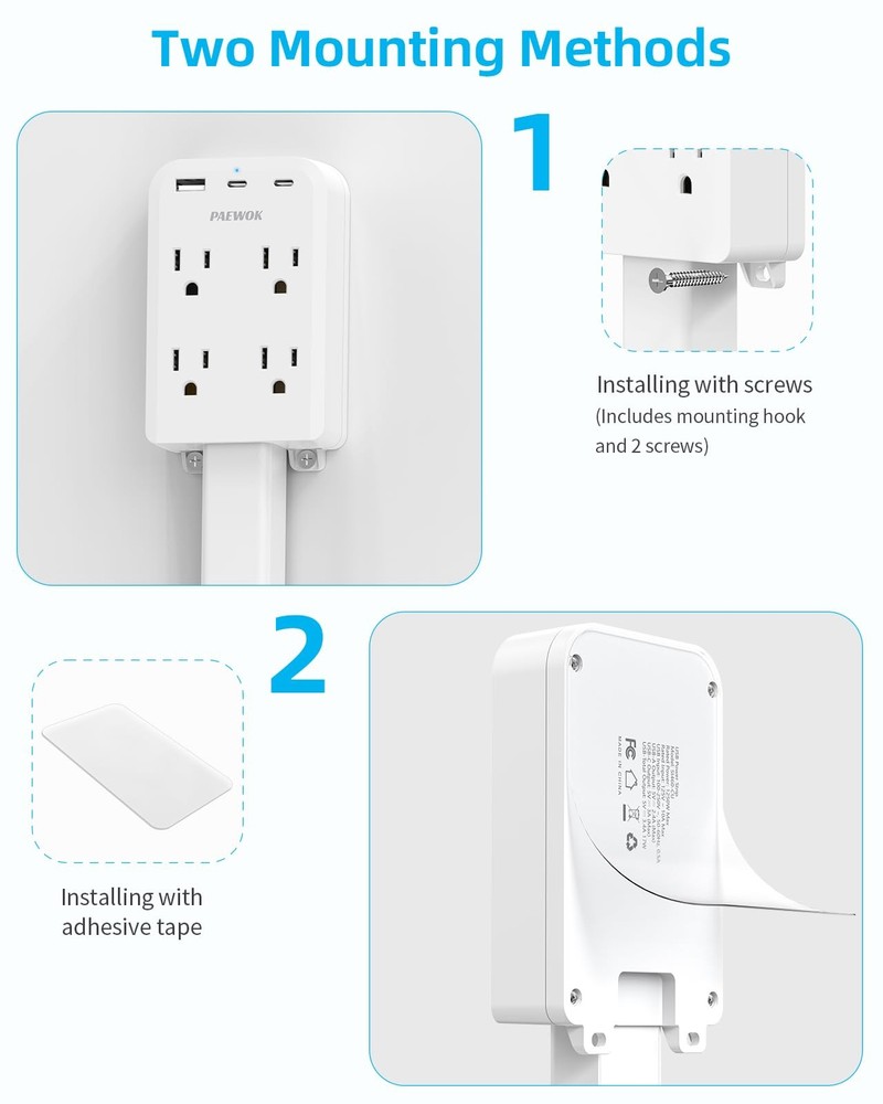 Electrical Outlet Extender Stick with USB Ports(2 USB C), 180° Rotating Extendab