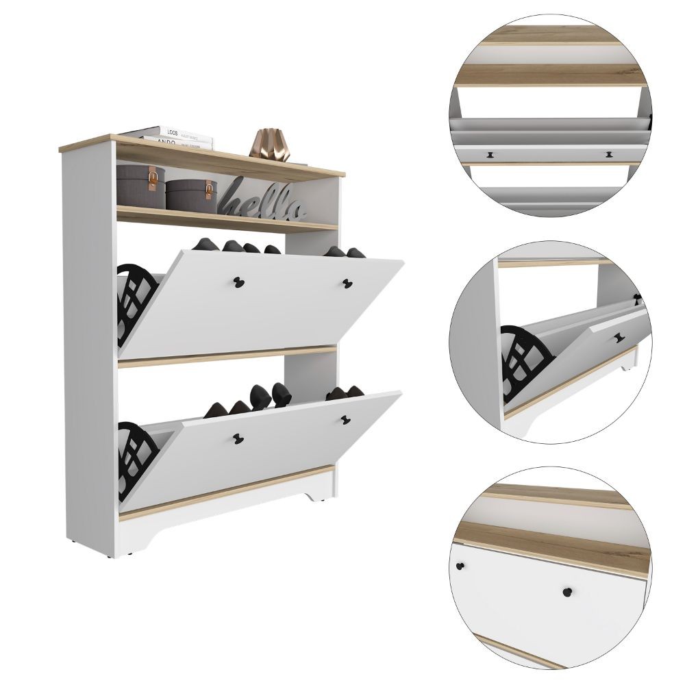 Light Oak White Storage Cabinet with 2 Shelves, Rectangular Sideboard