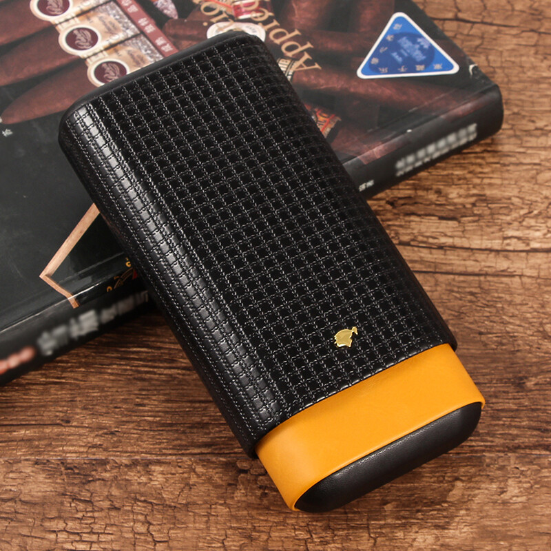 Leather Cedar Wood Cigar Case Portable Humidor 3 Cigars Tubes Yellow Box Gift