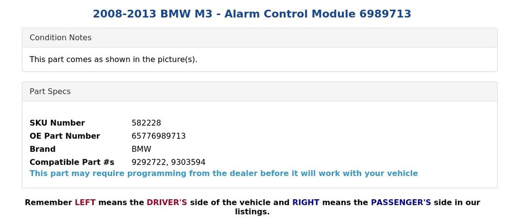 2008-2013 BMW M3 - Alarm Control Module 6989713