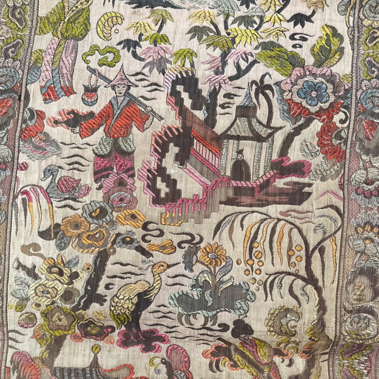 Vintage Asian Silk Hand Embroidered Textile 48 x 17 Panel Runner Pagoda Scene