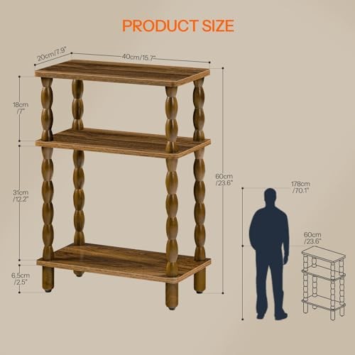 Narrow End Table, 3-Tier Small Side Table with Solid Wood Legs, Skinny Walnut