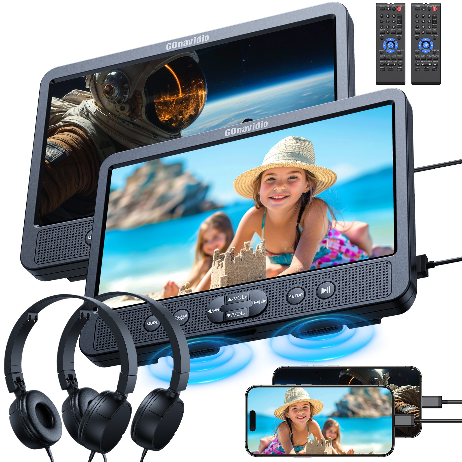 2x 10.5” Screen HD Car Headrest Monitor DVD Player for Kids USB HDMI w/ Headset