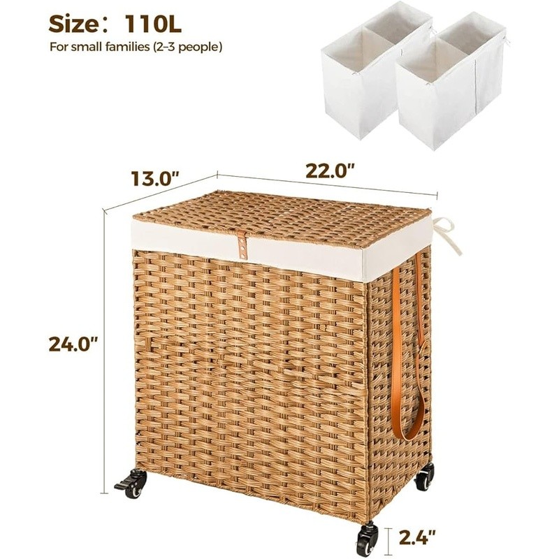 Handwoven Laundry Hamper Rolling Baskets W/ Removable Liner Moisture Resistant