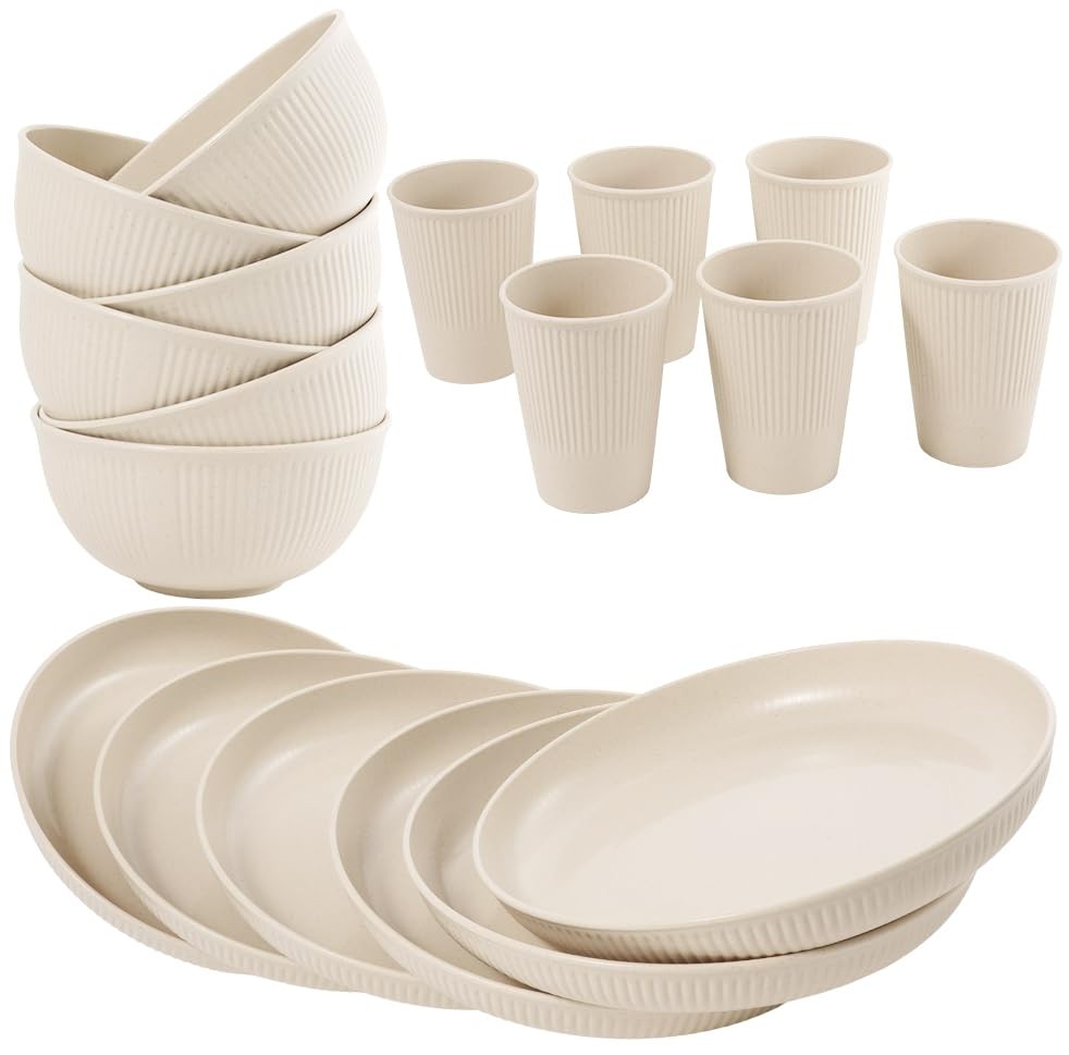 36-Piece Reusable Wheat Straw Dinnerware Sets Dinnerware, Beige