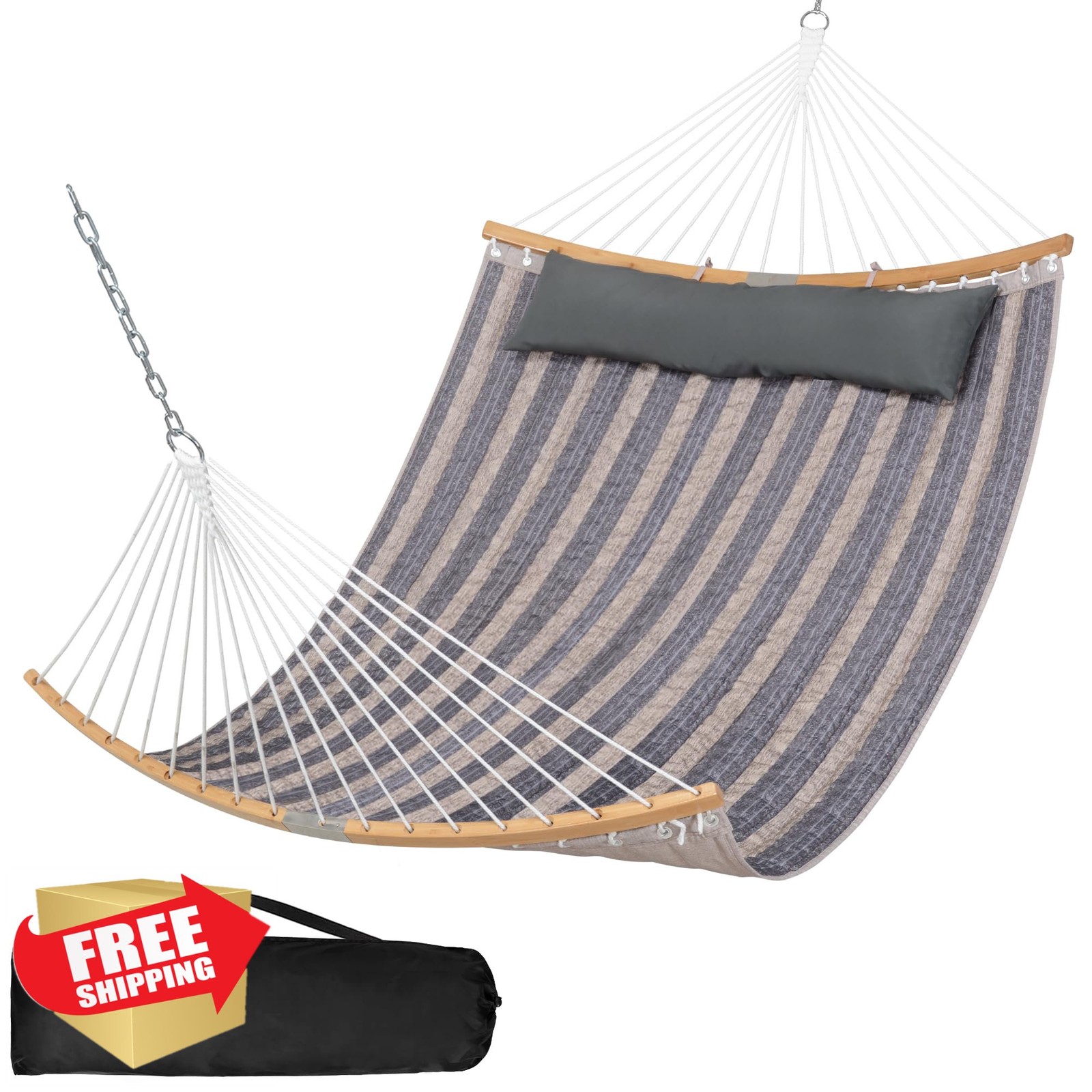 SUNCREAT Double Hammock Gray Stripes Portable w/ Spreader Bar