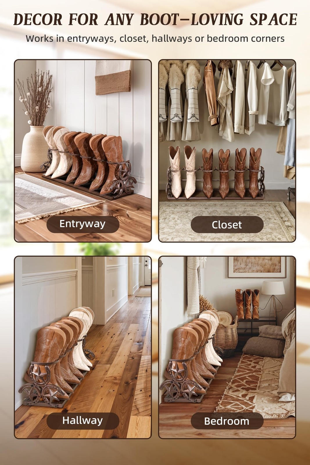 Western Horseshoe Boot Rack, 3 Pairs Freestanding Metal Boot Stand, Adjustabl...