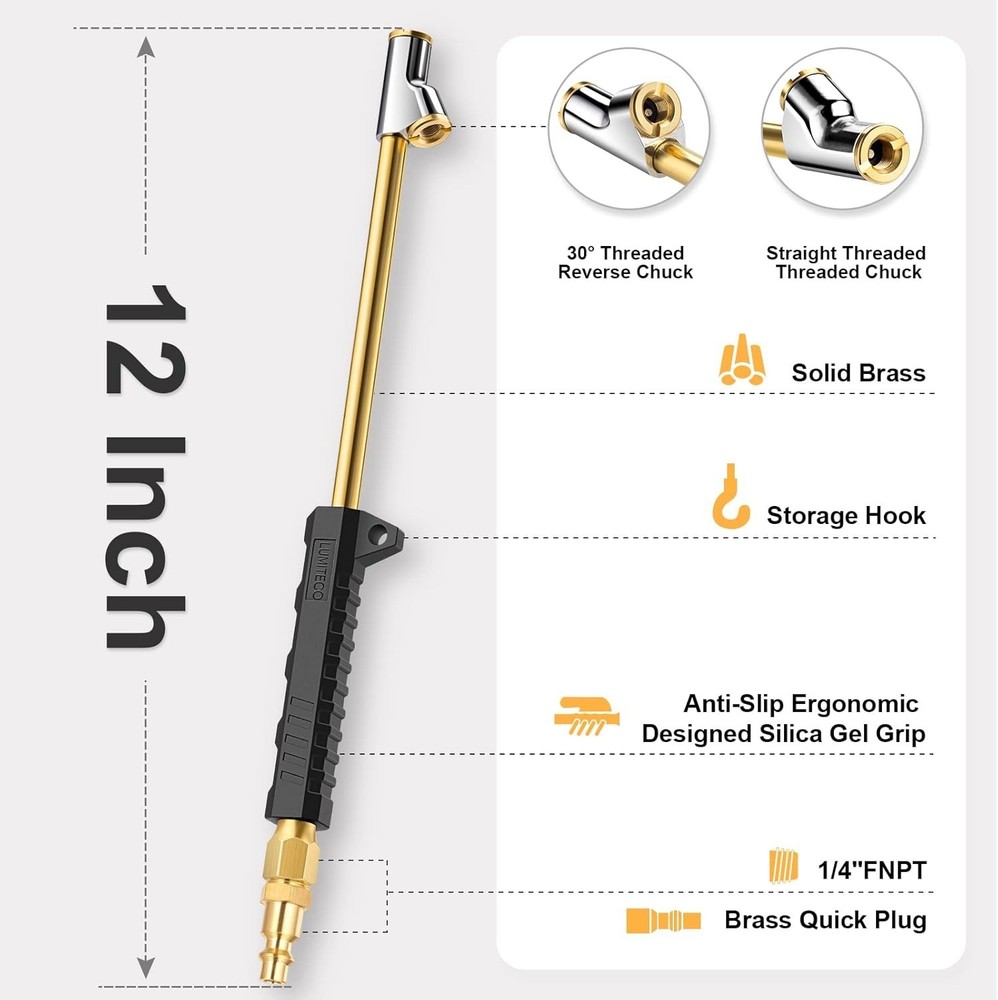 Solid Brass 12" Air Chuck with Ergonomic Grip - Essential Tire Inflation Kit