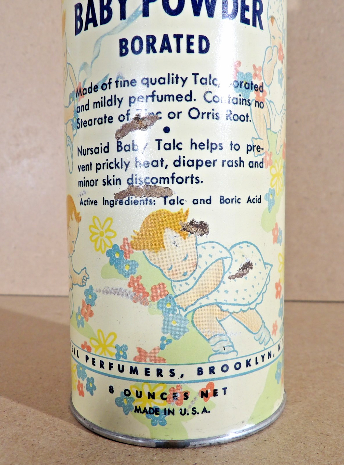 Vintage Nursaid Baby Powder Tin Litho Advertising Brooklyn NY Nursery Graphics