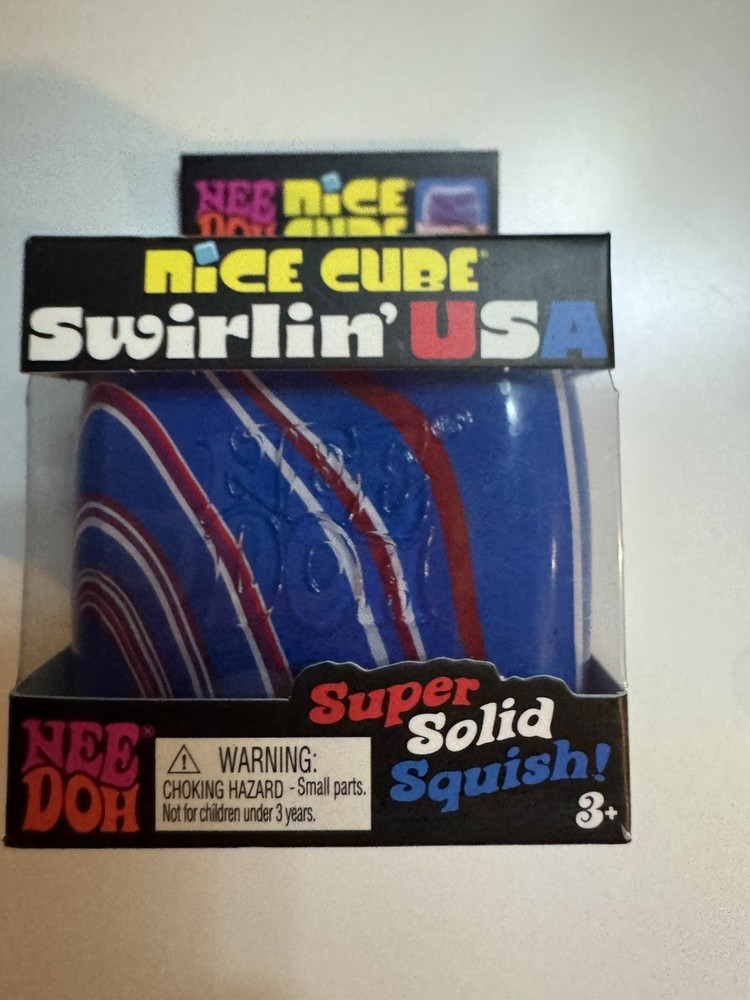 Nee Doh Nice Cube Swirlin' USA Super Solid Squish Squeeze Ball, Blue Red White