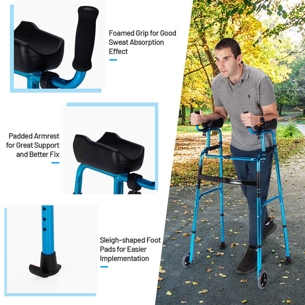 Folding Wheel Walking Frame Adjustable Aluminum Alloy Walker W/Armrest Support