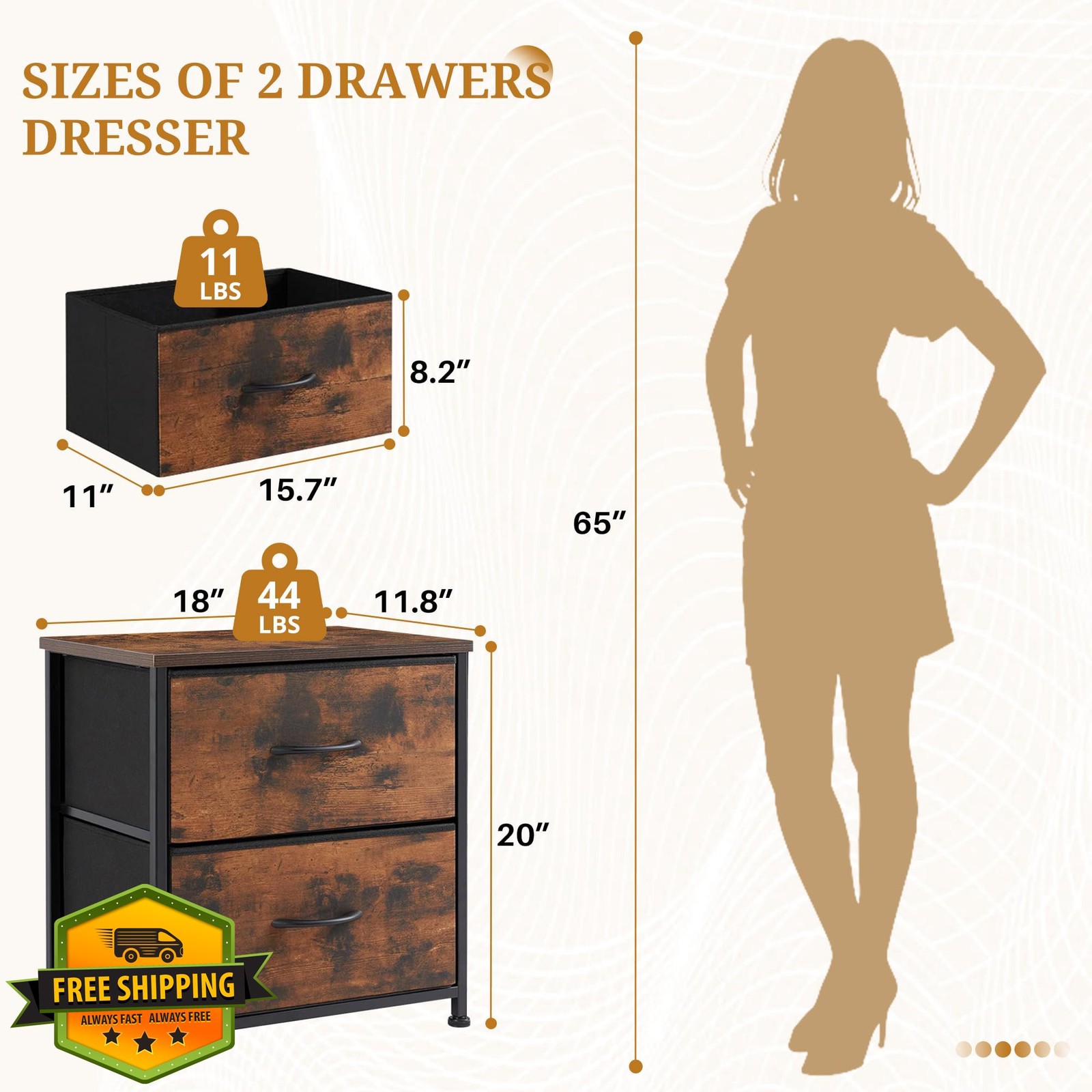 Accver Brown 2 Drawer Nightstand End Table Bedroom Dorm