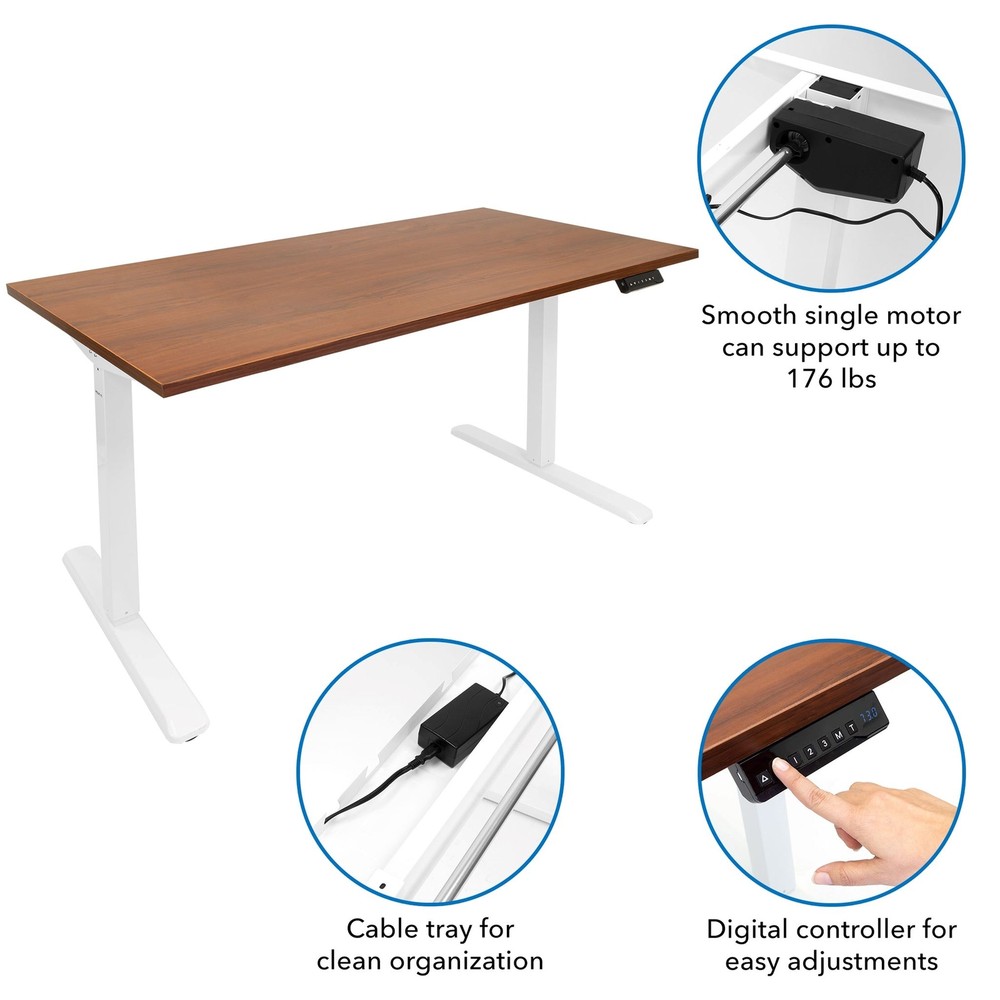 Electric Sit-Stand White Desk Frame with Extra-Wide Brown Tabletop: