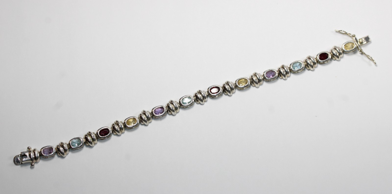 FAS Bracelet Multi Gemstone Tennis Vintage Sterling Silver 7" Chain #0085