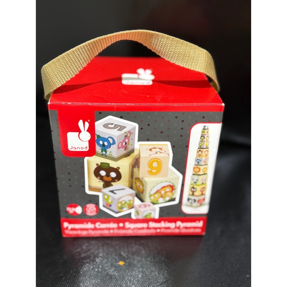 Janod Stacking Pyramid Blocks Toy Square Counting Numbers Animals Pre-owned