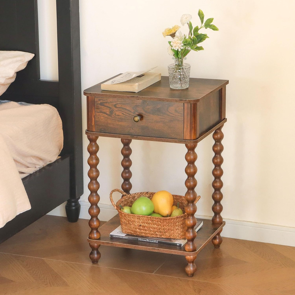 Mid Century Modern Nightstand with Drawer & Spindle Legs, Rustic Brown