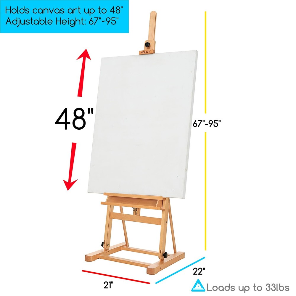Basic Easel Solid Beech Wood Artist Painting up MEEDEN Studio H-Frame Storage