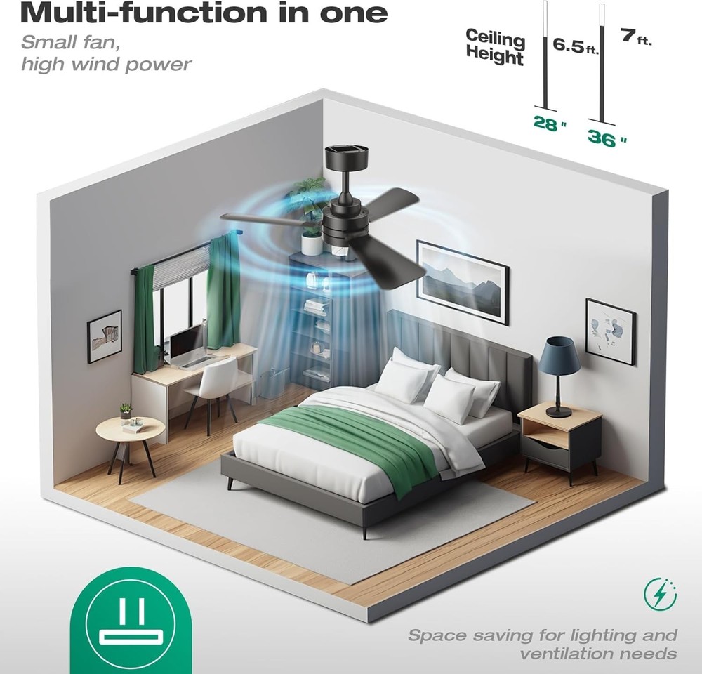 28-inch Smart Ceiling Fan with LED Light, APP & Remote Control, Modern Black