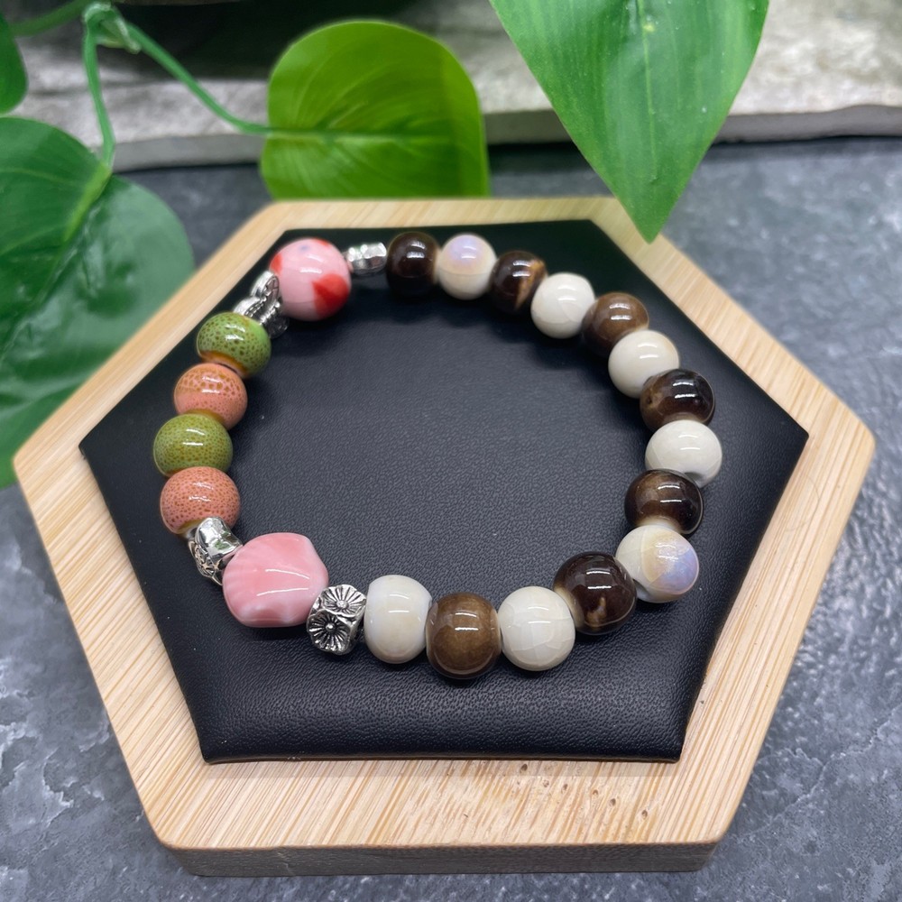 Handmade Ceramic Bead Beaded Stackable 6.5” Plus Stretch Bracelet New B522