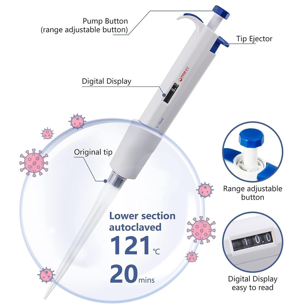 FOUR E'S Scientific 1-10mL Pipette Adjustable Micropipette Lab