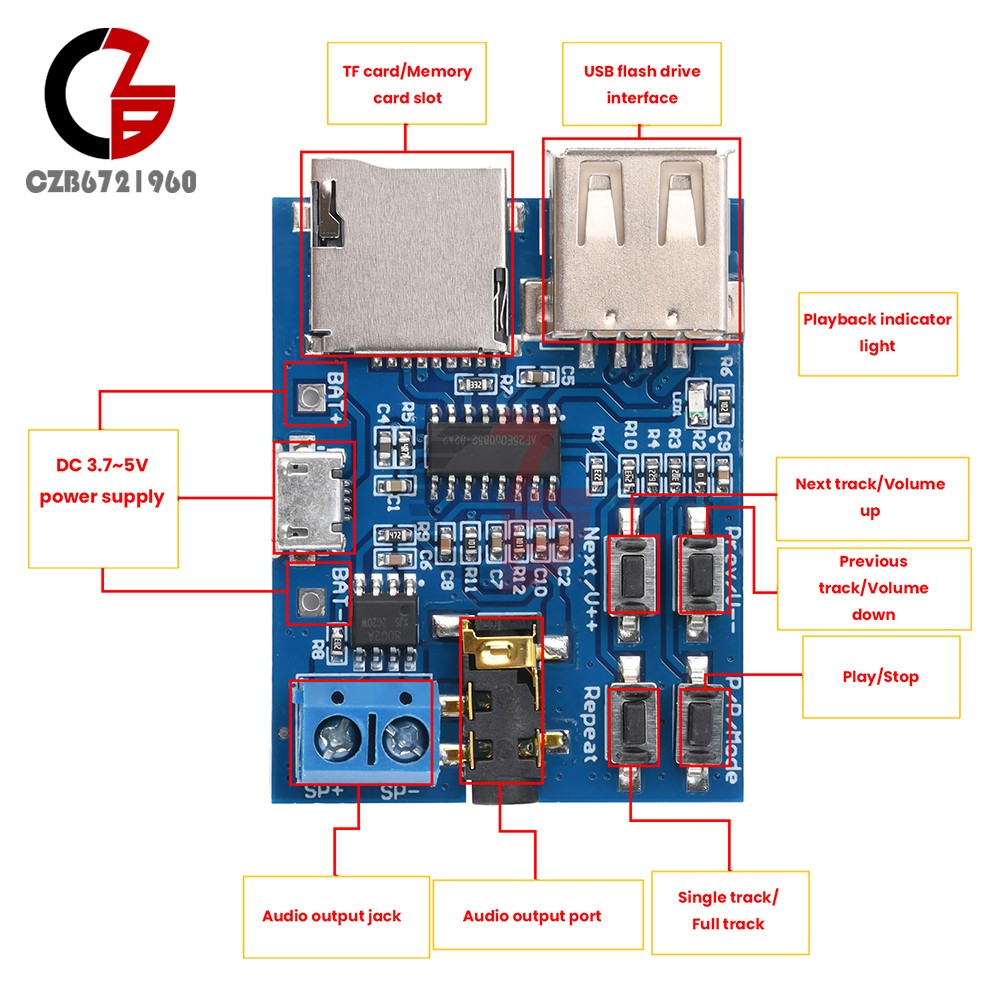 2PCS 3W MP3 Decoder Board Micro USB TF Card Audio Player Mono Amplifier Decoding