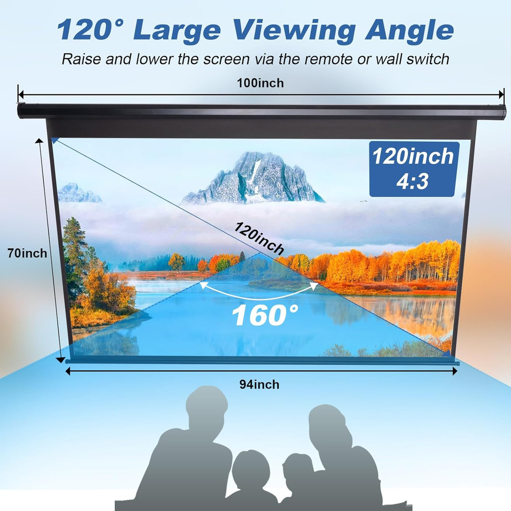 120 In Projector Screen Motorized 4:3 HD Electric Rising Screen Pull Down Remote