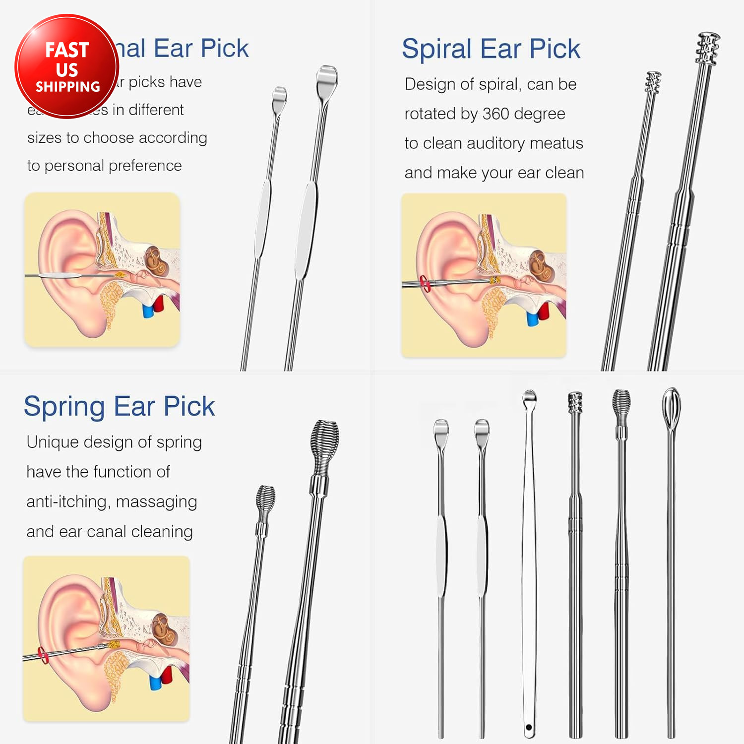 Ear Wax Removal Tool, Multifunctional Spiral Ear Cleaner, Q Grips Earwax Cleanin
