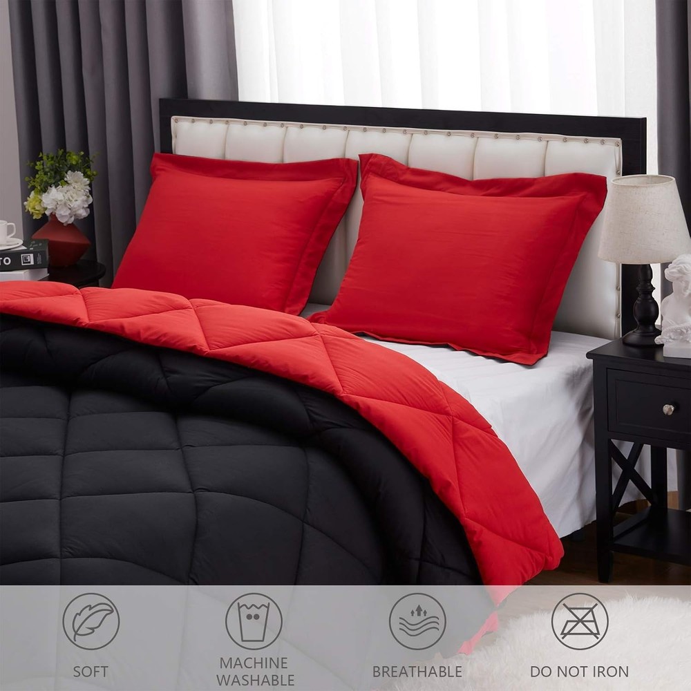 King Size Comforter Set Black&Red, 3 Pieces Lightweight Reversible Comforter ...