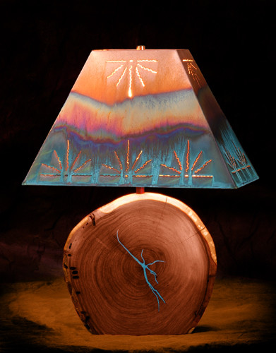 Mesquite Lamp with Turquoise Inlay and Copper Rectangle Shade