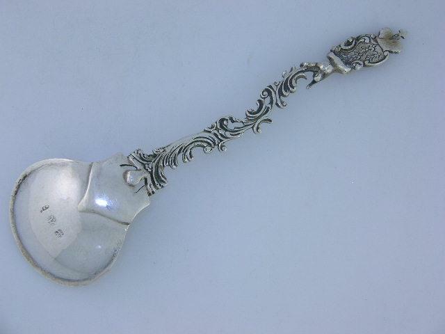 Old Dutch .833 Silver Figural Serving Spoon cherub / putti & scrolls c1895