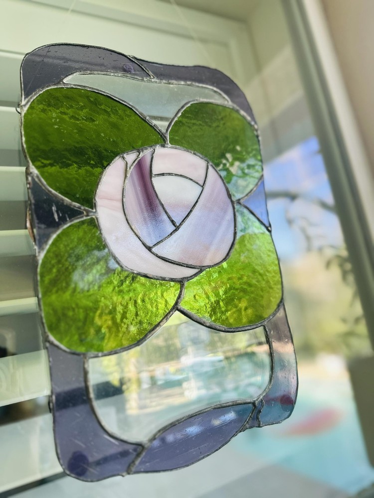 Stained Glass Rose & Leaf Suncatcher Window Panel