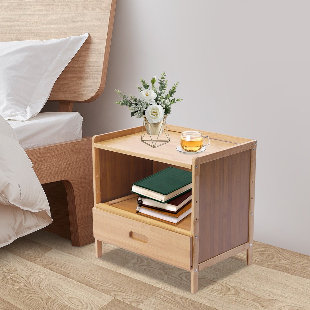 Bedside Table, Sofa Side Table, Wood Color Bedside Cabinet with Drawer
