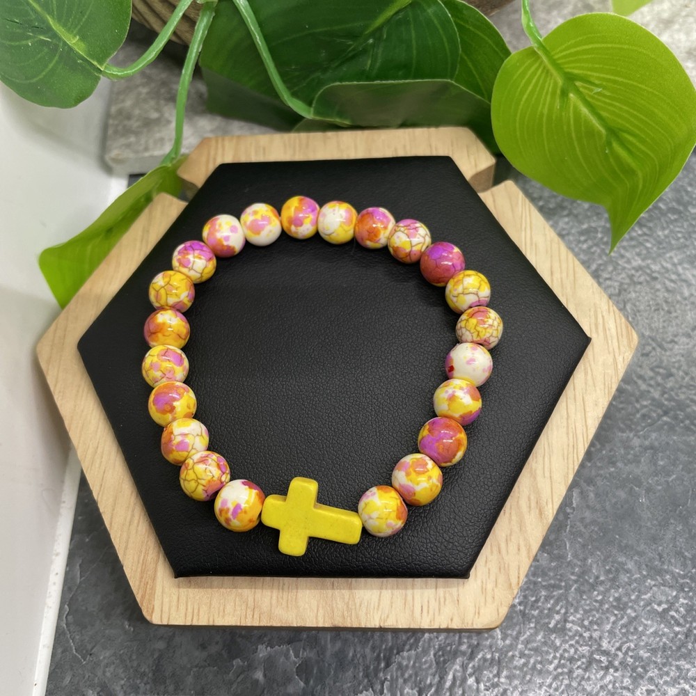 Handmade Beaded Stackable 6.5” Plus Stretch Bracelet Stone Cross New B6281