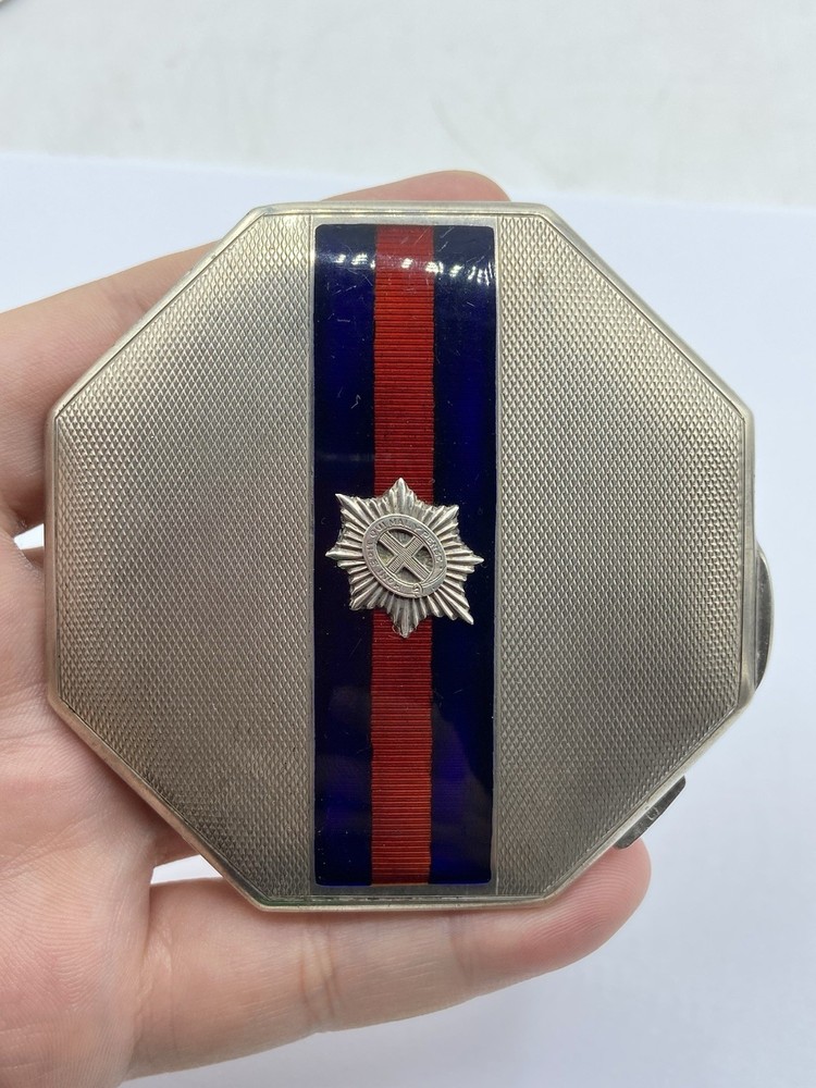 WW2 Silver Hallmarked & Guilloché Enamel Coldstream Guards Sweetheart Compact