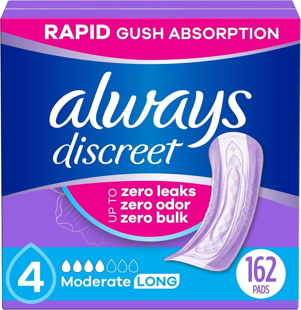 Always Discreet Moderate Long Absorbency 4 Drop Base Pads - 162ct